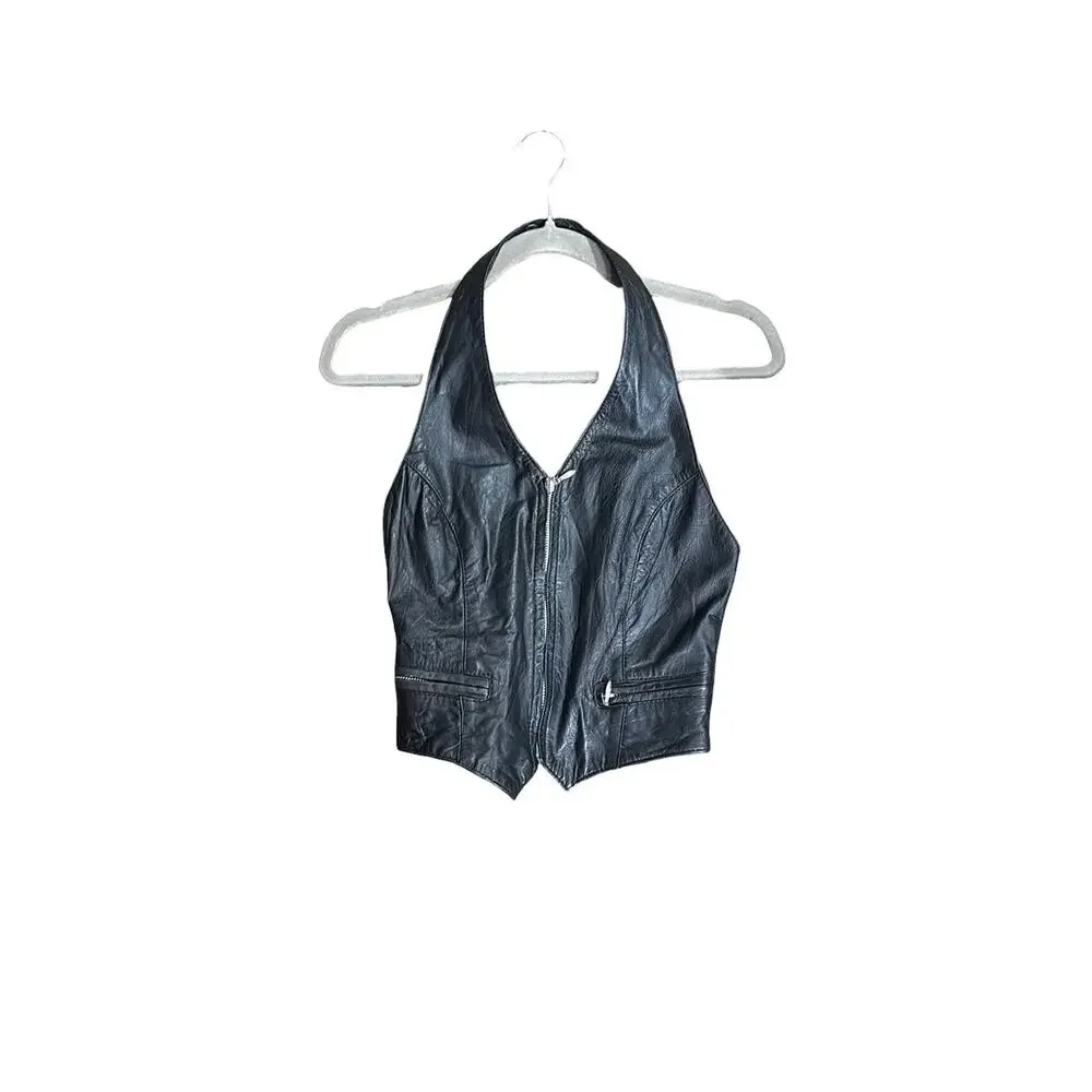 Wilson Leather Black Halter Vest Biker Crop Vintage 90s Small - Picture 2 of 6